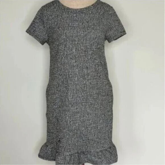 Loft Women's Tweed Boucle Ruffle Hem Midi Shift Dress Size Small Petite - Picture 2 of 9